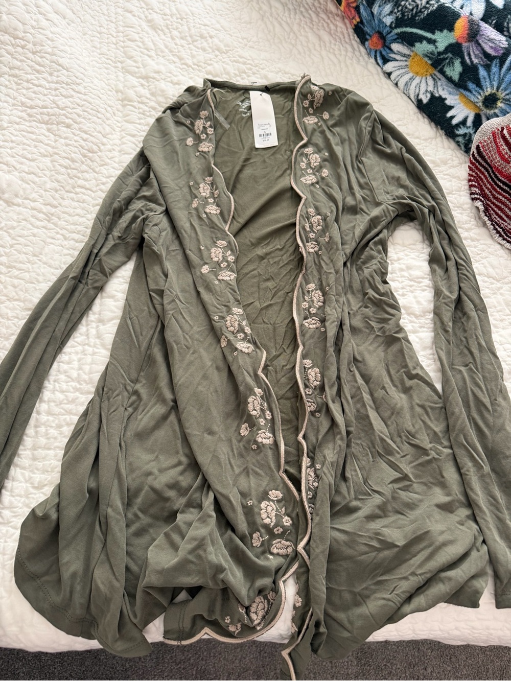 Francesca's Collections Olive Green Embroidered Open-Front Cardigan